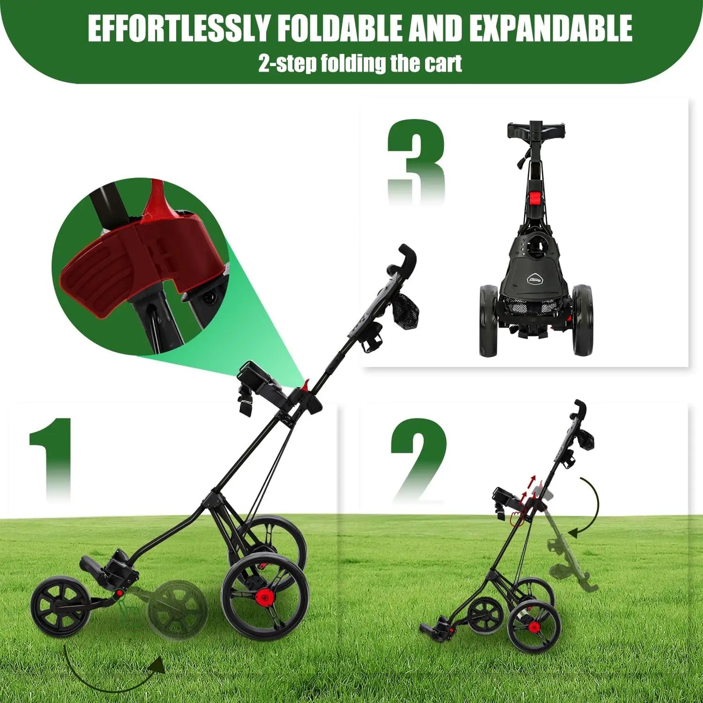3-Wheel Golf Push Cart , Lightweight & Quick Fold, Adjustable Handle, Cup Holder | Portable Golf Tro