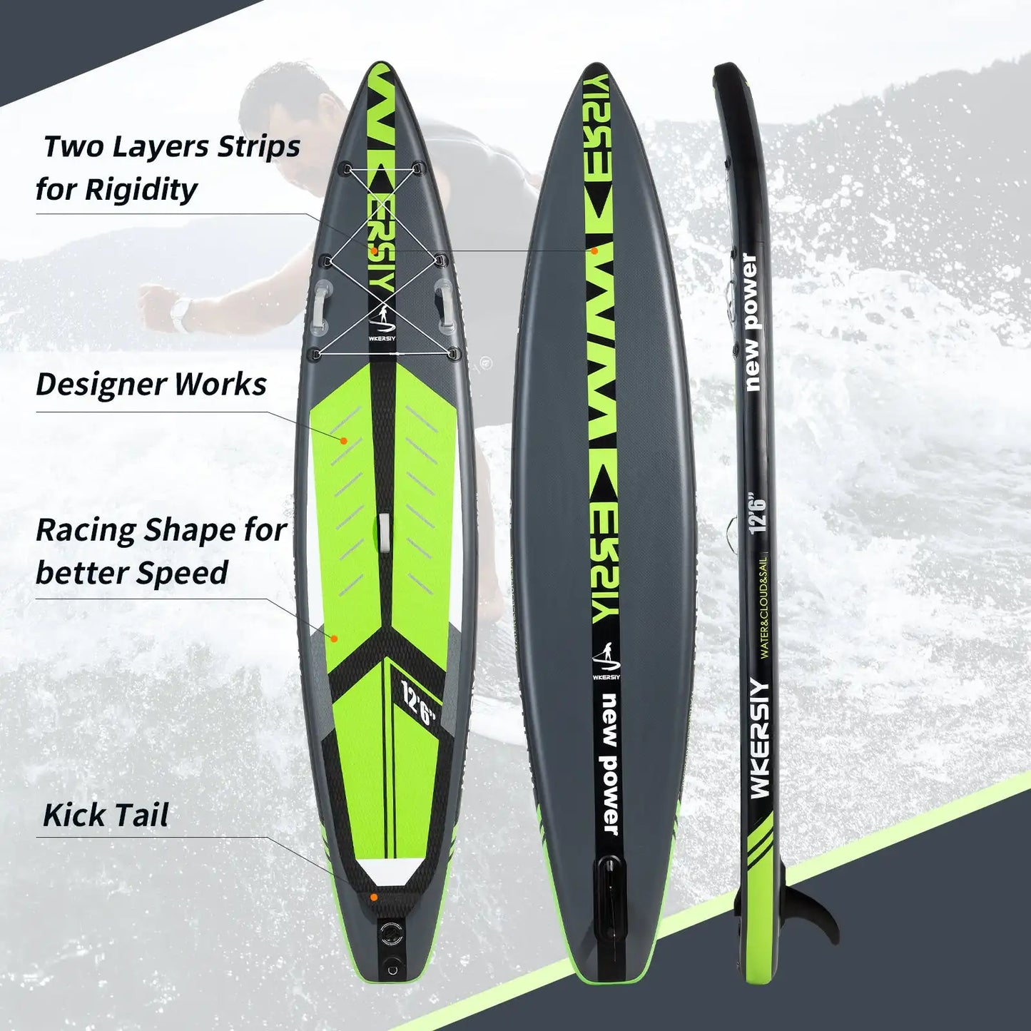 WKERSIY Surfboards Surfboard Paddle Board 12ft6in Green