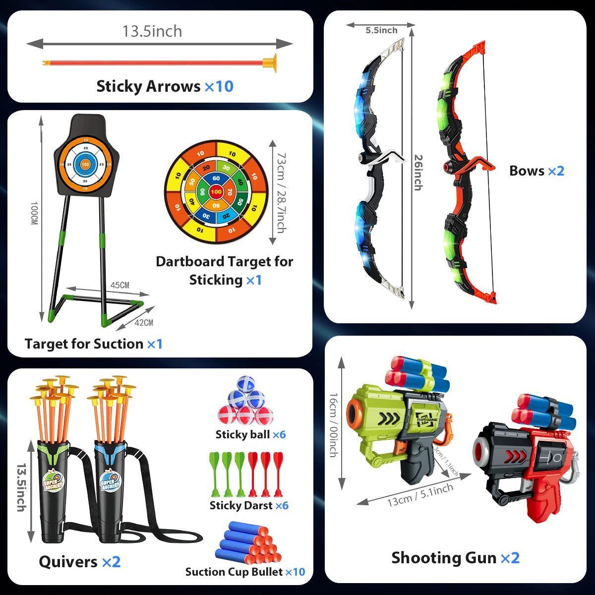 VATOS 2X Bow Arrow+Guns Toy For Kids