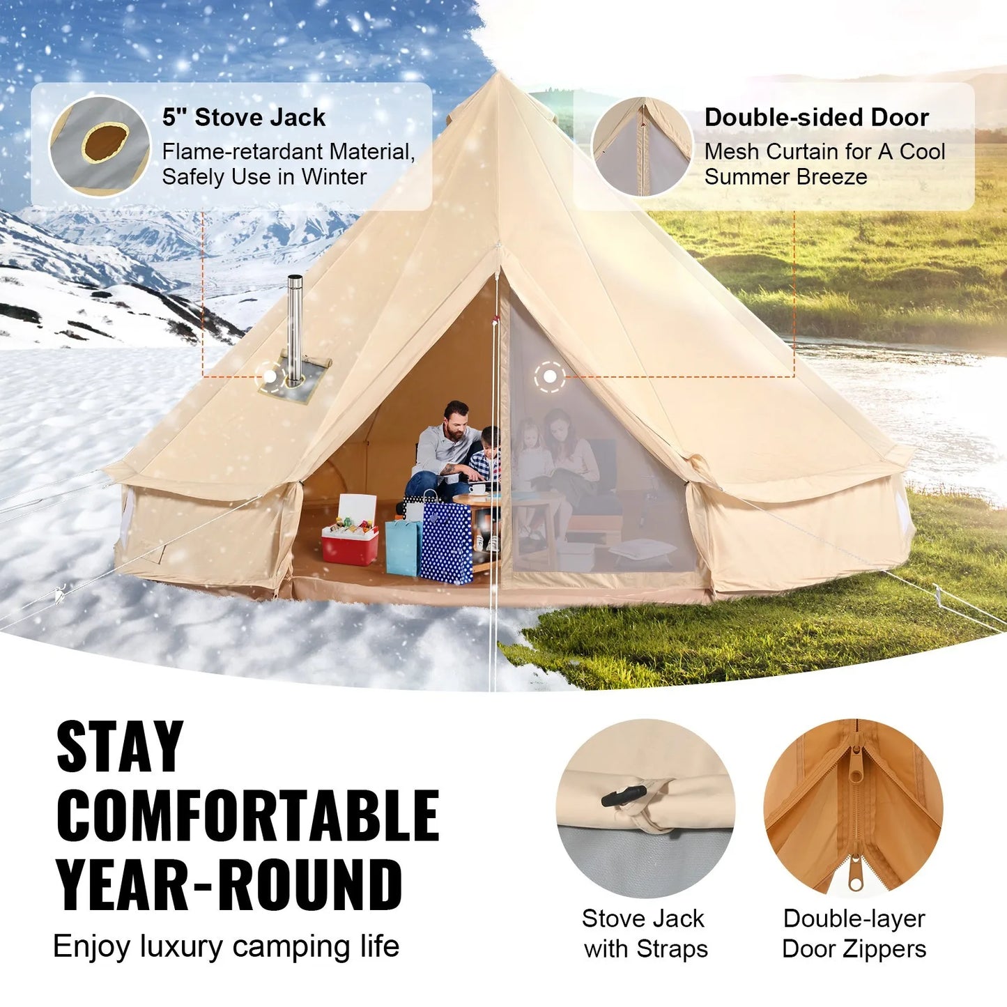 Canvas Bell Tent 5m/16.4ft 4-Season Camping Tent