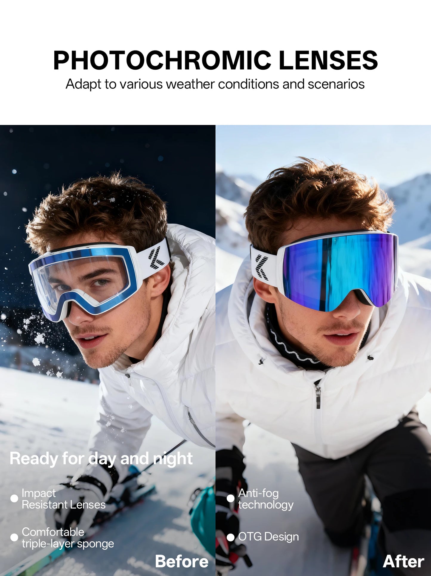 KAPVOE Photochromic Ski/Snowboard Goggles  Magnetic Lens Men/Women