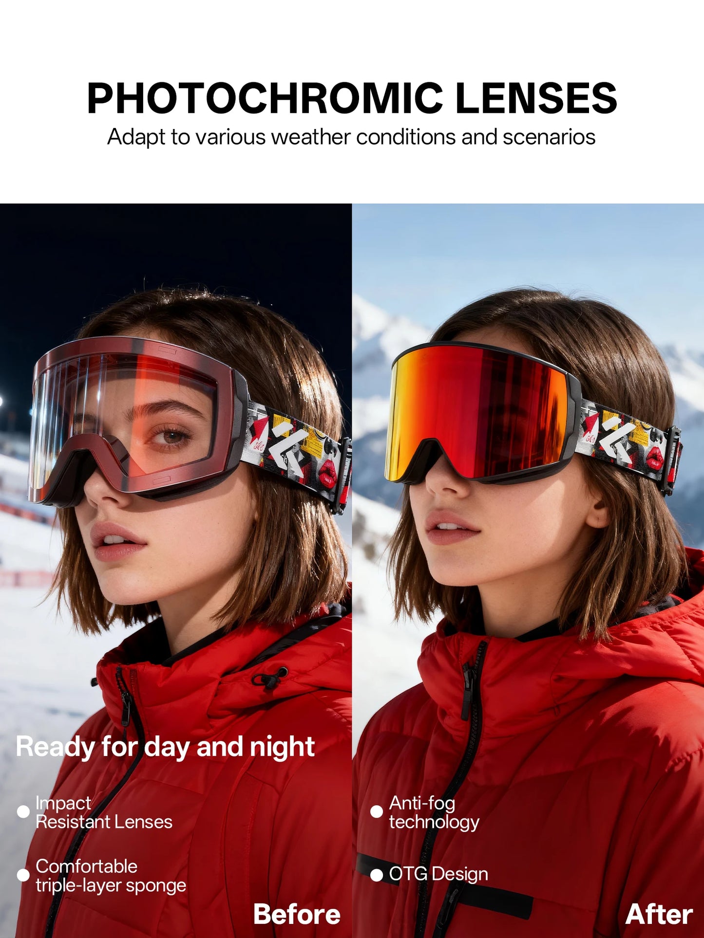 KAPVOE Photochromic Ski/Snowboard Goggles  Magnetic Lens Men/Women