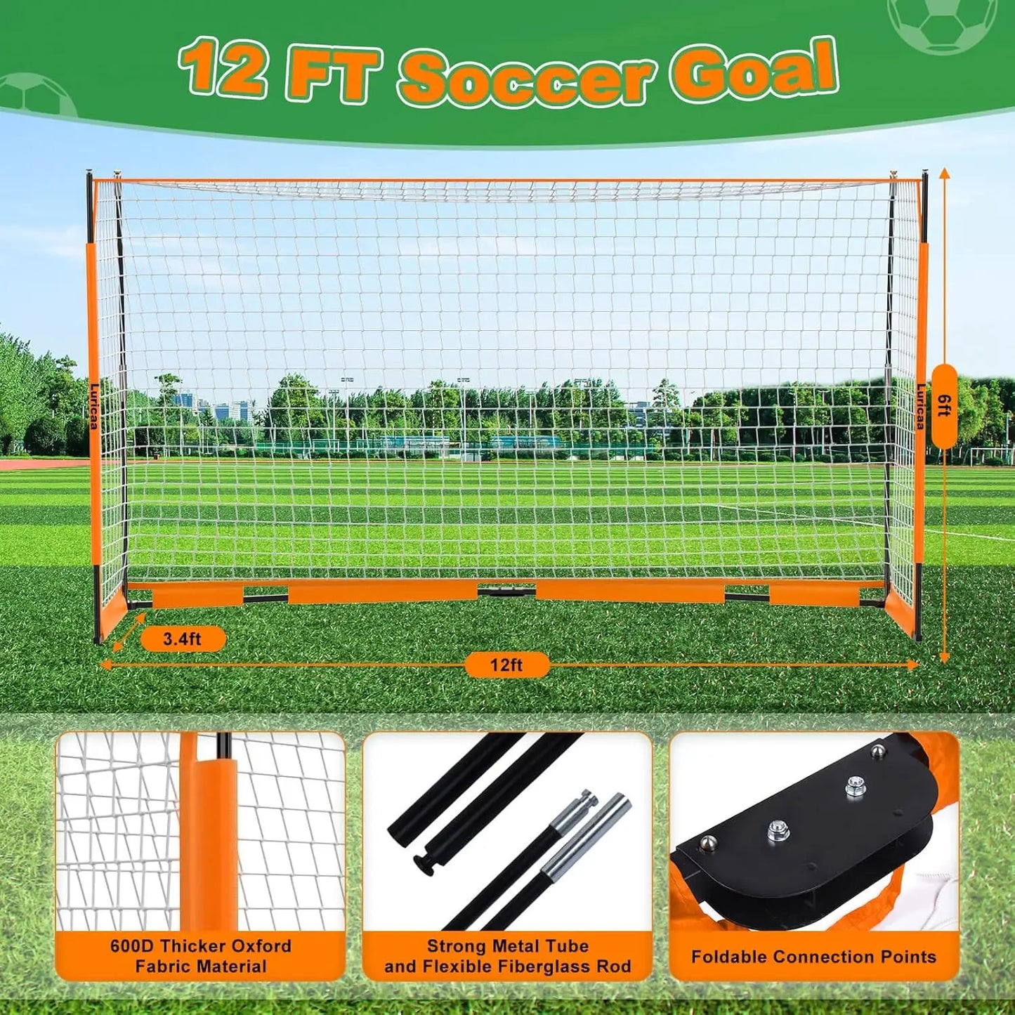 Collapsible Soccer Goal, 12×6 ft /6×4 ft Portable